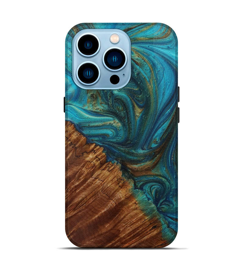 iPhone 14 Pro Wood+Resin Live Edge Phone Case - Querida (Teal & Gold, 585127)