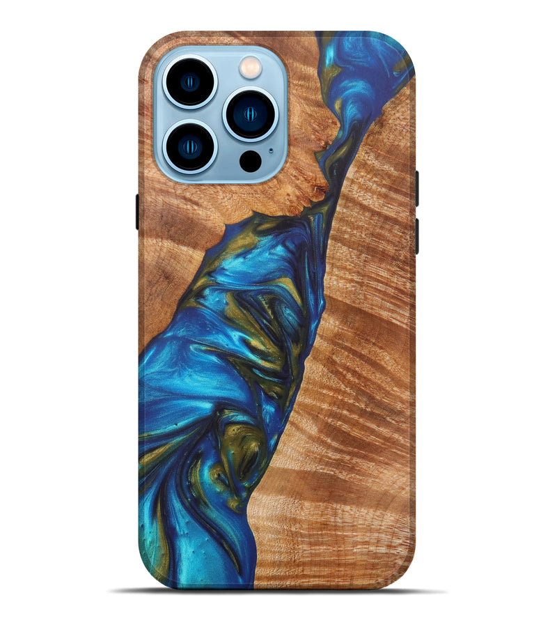 iPhone 14 Pro Max Wood+Resin Live Edge Phone Case - Lily (Teal & Gold, 630231)