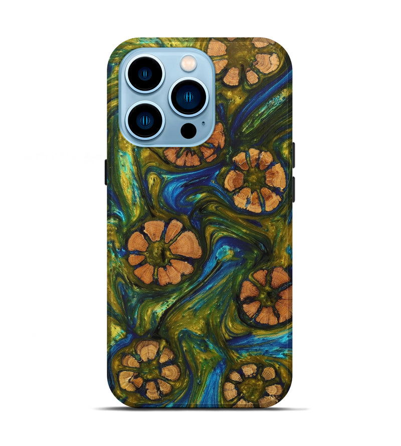 iPhone 14 Pro Wood+Resin Live Edge Phone Case - Pattie (Teal & Gold, 621637)