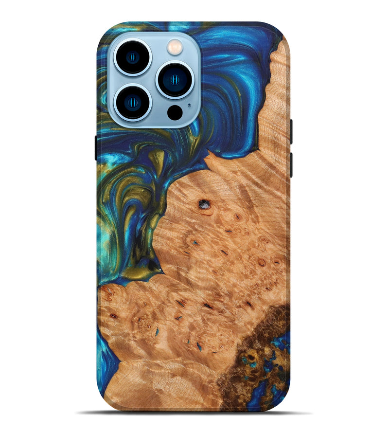 iPhone 14 Pro Max Wood+Resin Live Edge Phone Case - Ophelia (Teal & Gold, 628534)