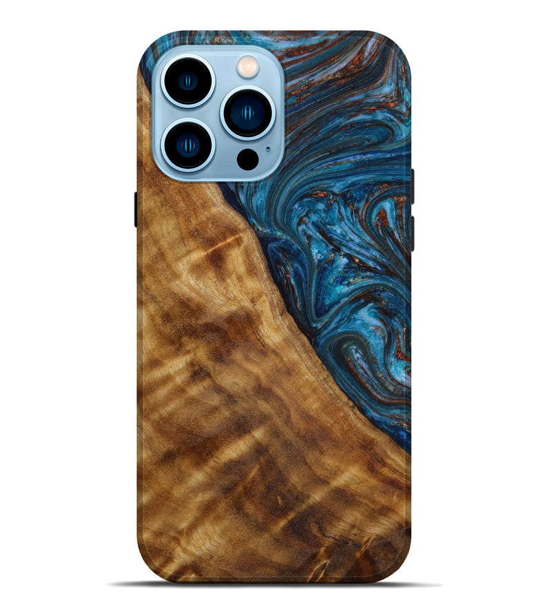 iPhone 14 Pro Max Wood+Resin Live Edge Phone Case - Cindy (Teal & Gold, 647809)