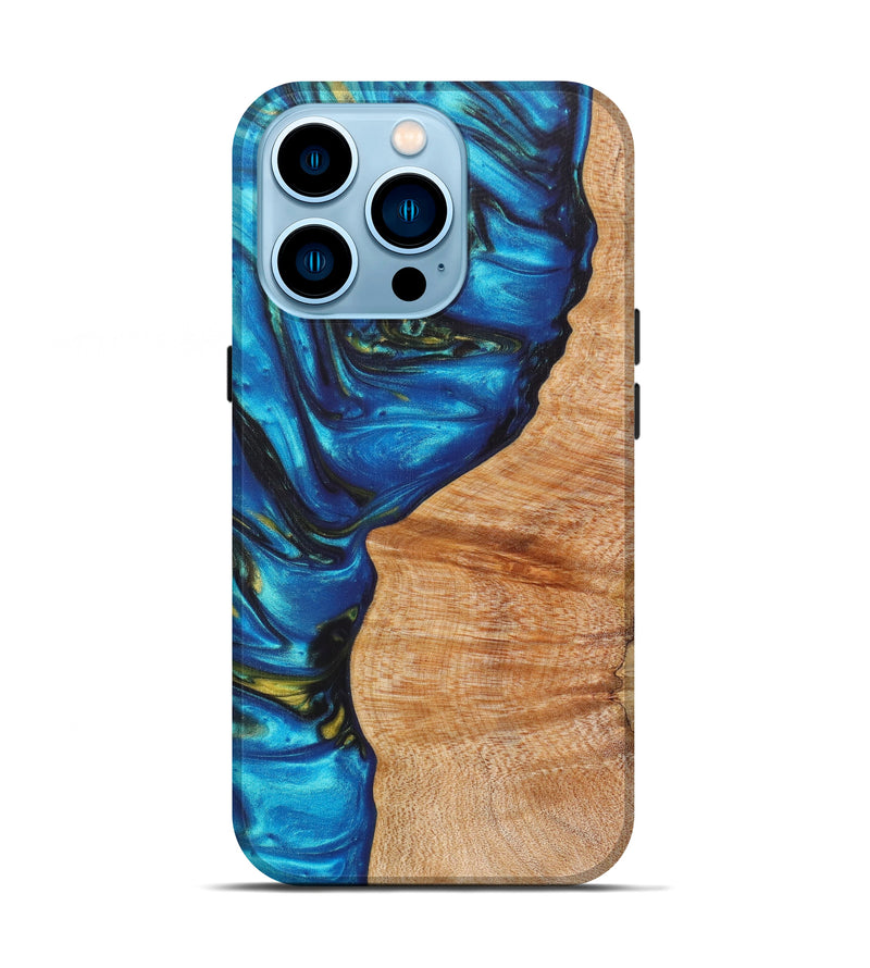 iPhone 14 Pro Wood+Resin Live Edge Phone Case - Katrina (Teal & Gold, 615826)