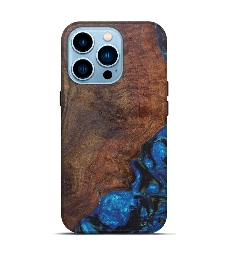 iPhone 14 Pro Wood+Resin Live Edge Phone Case - Ophelia (Teal & Gold, 606858)