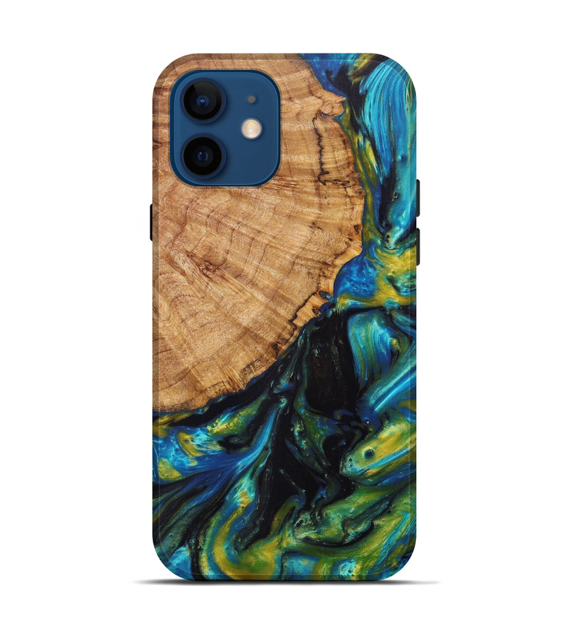 iPhone 12 Wood+Resin Live Edge Phone Case - Maddy (Teal & Gold, 606809)