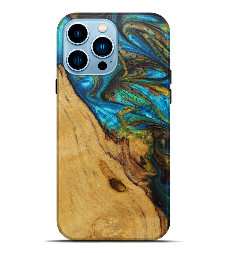 iPhone 14 Pro Max Wood+Resin Live Edge Phone Case - Ceil (Teal & Gold, 582817)