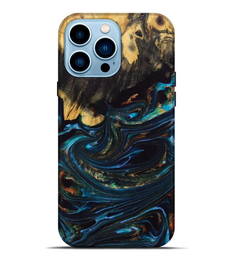 iPhone 14 Pro Max Wood+Resin Live Edge Phone Case - Michael (Teal & Gold, 645985)