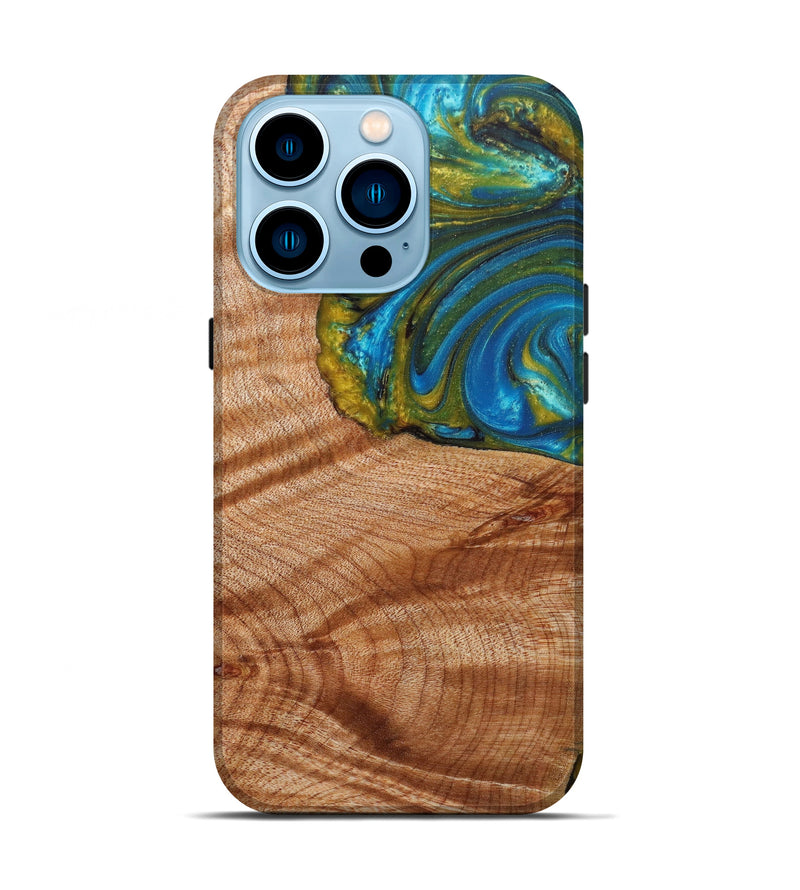 iPhone 14 Pro Wood+Resin Live Edge Phone Case - Sedigheh (Teal & Gold, 633299)