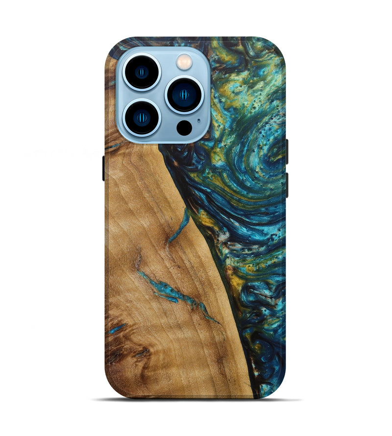 iPhone 14 Pro Wood+Resin Live Edge Phone Case - Amalia (Teal & Gold, 596304)