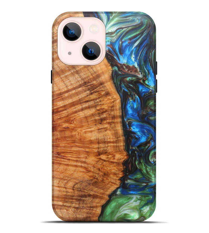 iPhone 14 Plus Wood+Resin Live Edge Phone Case - Nakisha (Dark Green, 611106)