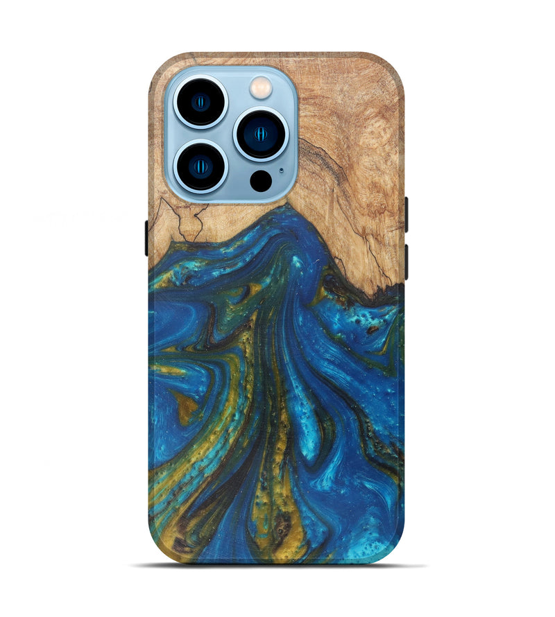 iPhone 14 Pro Wood+Resin Live Edge Phone Case - Zahirul (Teal & Gold, 590650)