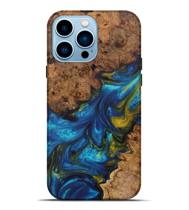 iPhone 14 Pro Max Wood+Resin Live Edge Phone Case - Shayne (Teal & Gold, 609968)