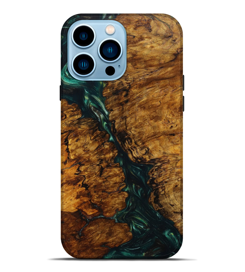 iPhone 14 Pro Max Wood+Resin Live Edge Phone Case - Peter (Green, 641113)
