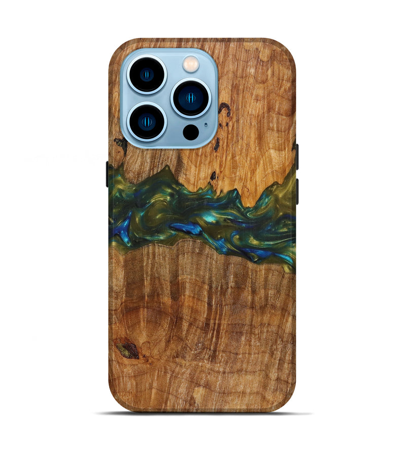 iPhone 14 Pro Wood+Resin Live Edge Phone Case - Cynthia (Teal & Gold, 626880)