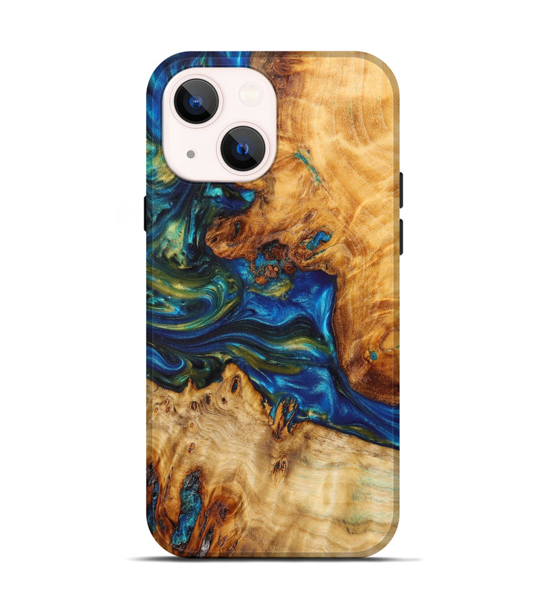 iPhone 14 Wood+Resin Live Edge Phone Case - Ben (Teal & Gold, 641199)