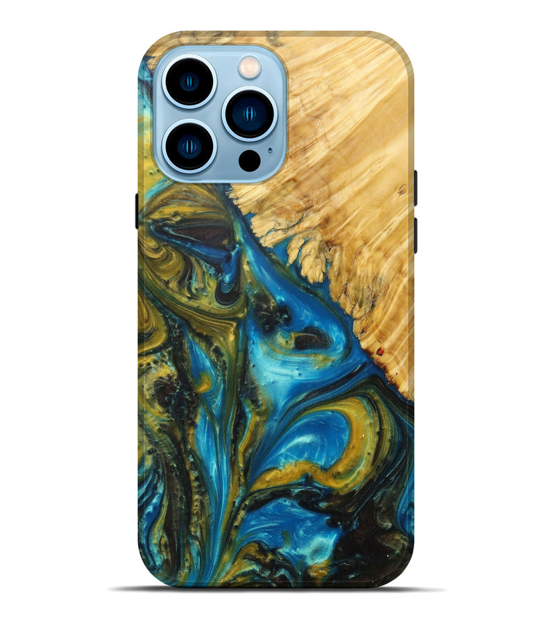 iPhone 14 Pro Max Wood+Resin Live Edge Phone Case - Sybil (Teal & Gold, 597292)