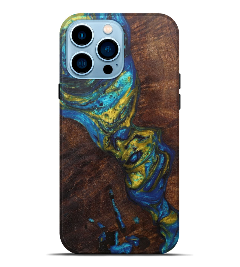 iPhone 14 Pro Max Wood+Resin Live Edge Phone Case - Neena (Teal & Gold, 597358)