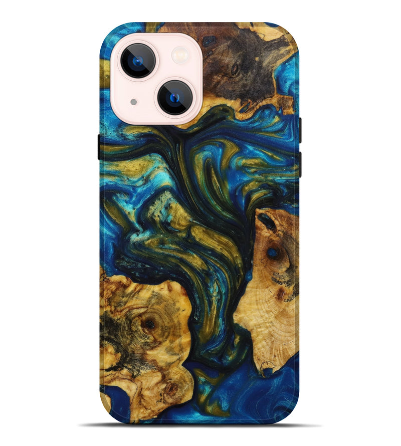 iPhone 14 Plus Wood+Resin Live Edge Phone Case - Candace (Teal & Gold, 642269)