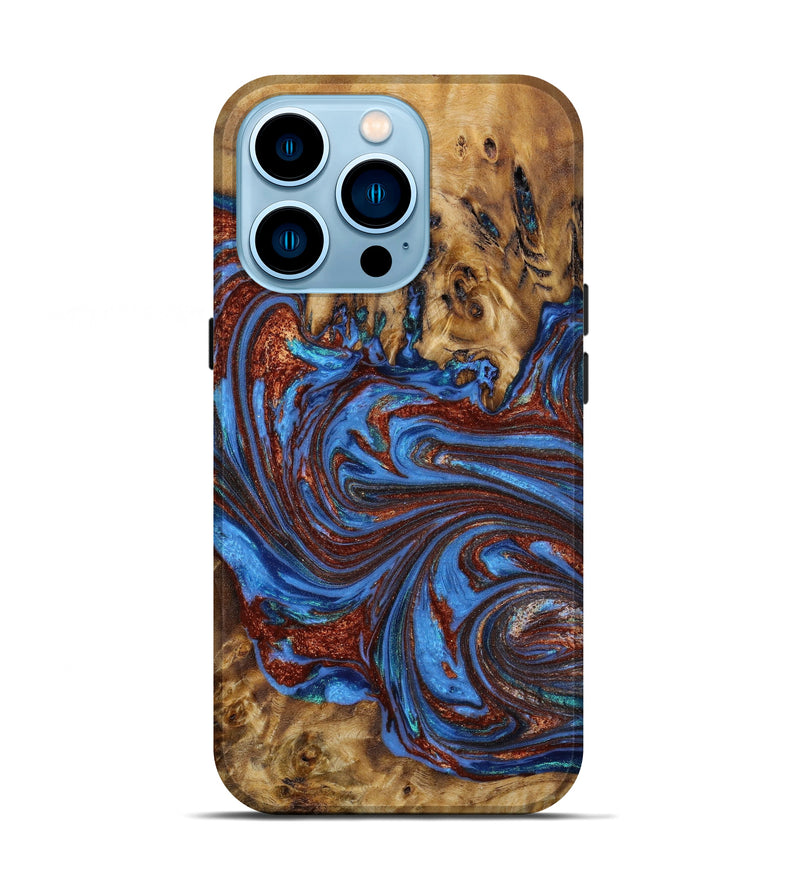 iPhone 14 Pro Wood+Resin Live Edge Phone Case - Emanuel (Teal & Gold, 646075)