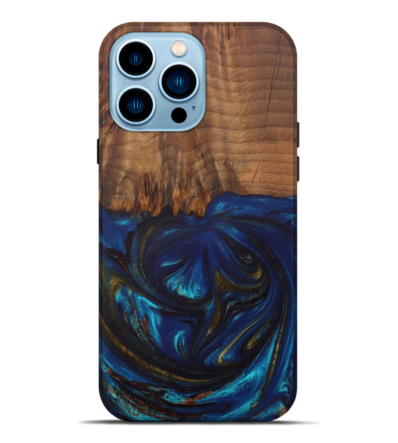 iPhone 14 Pro Max Wood+Resin Live Edge Phone Case - Atique (Teal & Gold, 590683)