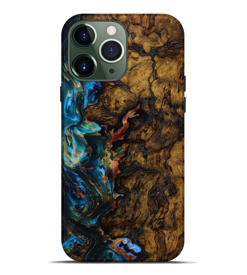 iPhone 13 Pro Max Wood+Resin Live Edge Phone Case - Serenity (Teal & Gold, 646525)