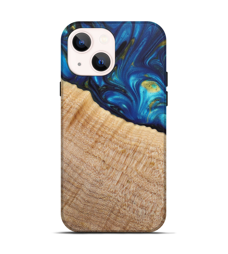 iPhone 13 Wood+Resin Live Edge Phone Case - Tara (Teal & Gold, 633051)