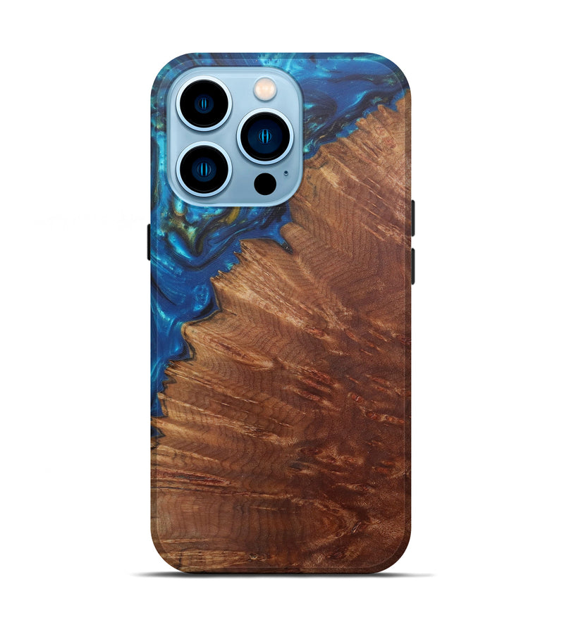 iPhone 14 Pro Wood+Resin Live Edge Phone Case - Michel (Teal & Gold, 590634)