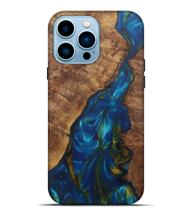 iPhone 14 Pro Max Wood+Resin Live Edge Phone Case - Sayla (Teal & Gold, 587783)