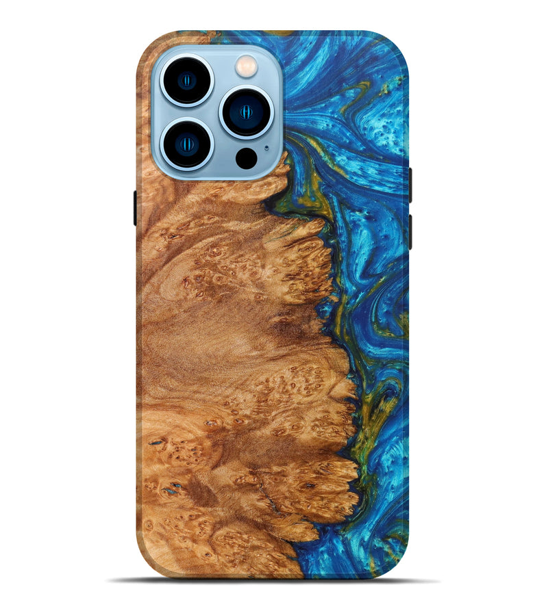 iPhone 14 Pro Max Wood+Resin Live Edge Phone Case - Vivien (Teal & Gold, 621627)