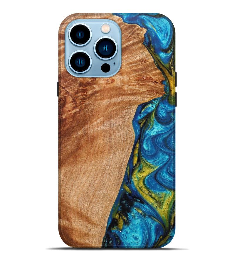 iPhone 14 Pro Max Wood+Resin Live Edge Phone Case - Ronnica (Teal & Gold, 605592)