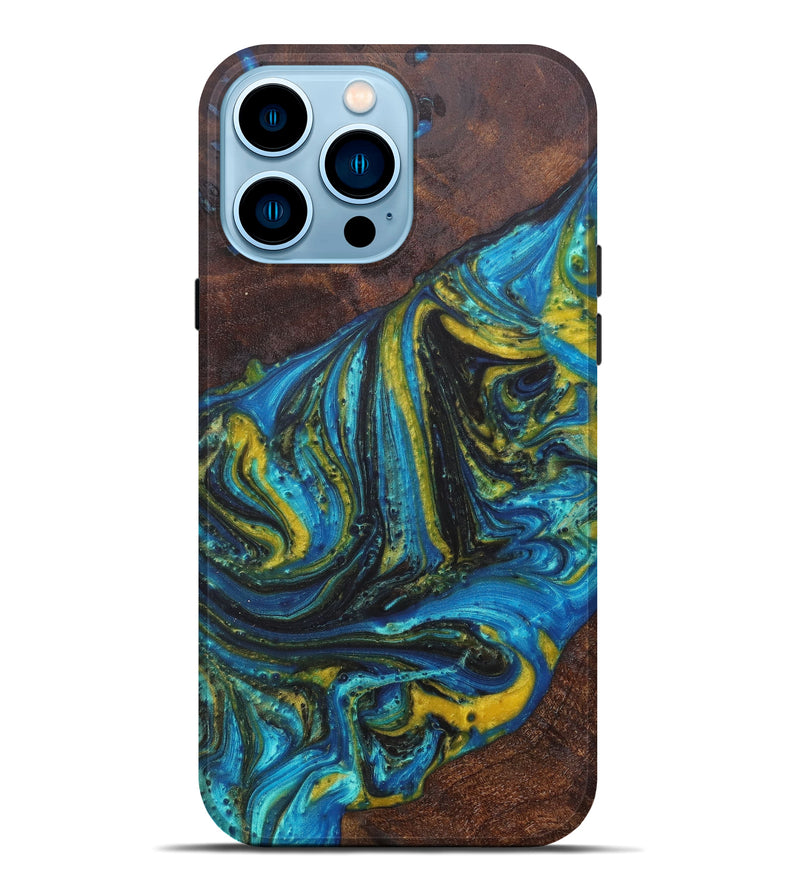 iPhone 14 Pro Max Wood+Resin Live Edge Phone Case - Micheal (Teal & Gold, 606835)
