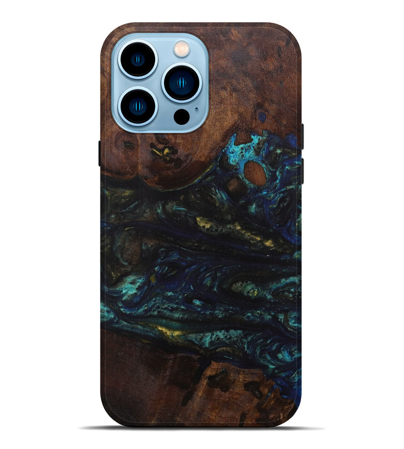 iPhone 14 Pro Max Wood+Resin Live Edge Phone Case - Nagaraj (Teal & Gold, 596310)