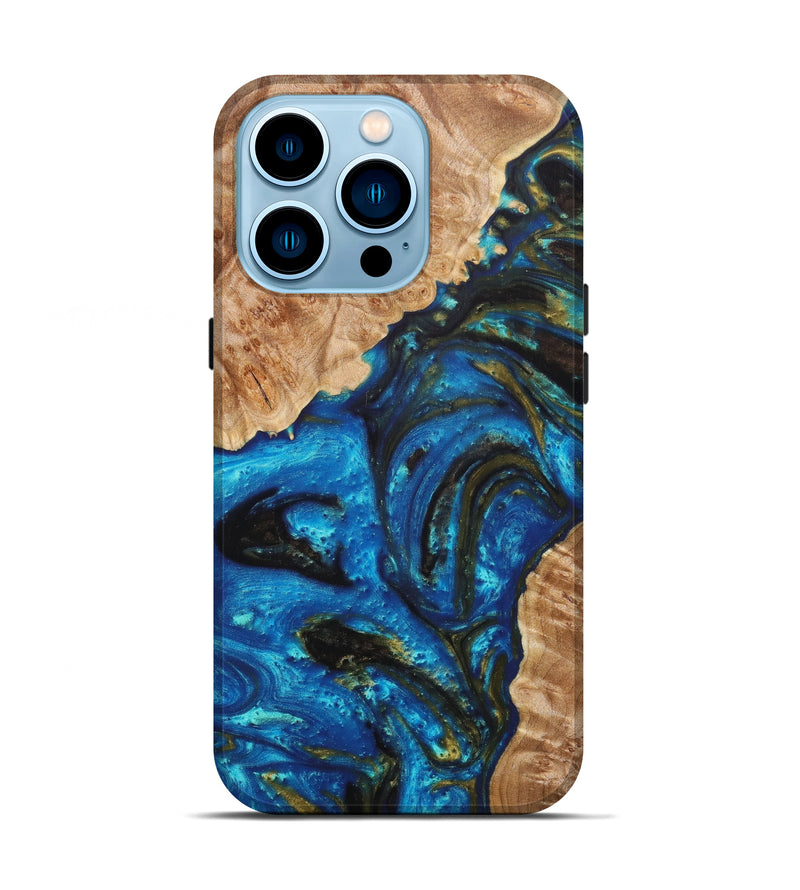 iPhone 14 Pro Wood+Resin Live Edge Phone Case - Patrick (Teal & Gold, 637178)