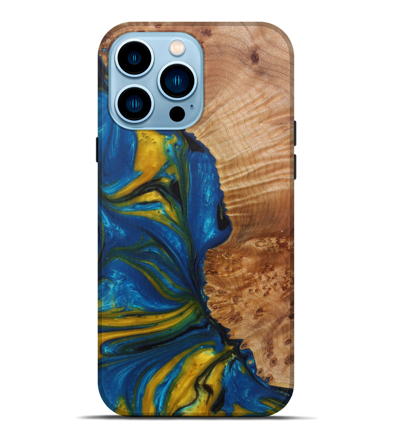 iPhone 14 Pro Max Wood+Resin Live Edge Phone Case - Lyndsie (Teal & Gold, 590658)