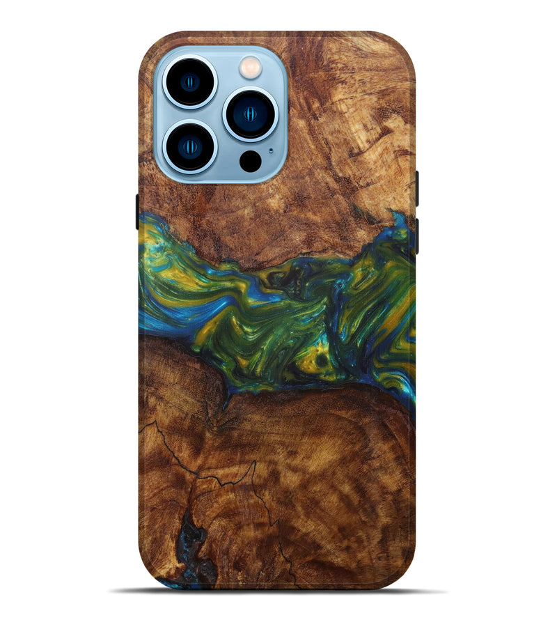 iPhone 14 Pro Max Wood+Resin Live Edge Phone Case - Tomoyoshi (Teal & Gold, 599106)