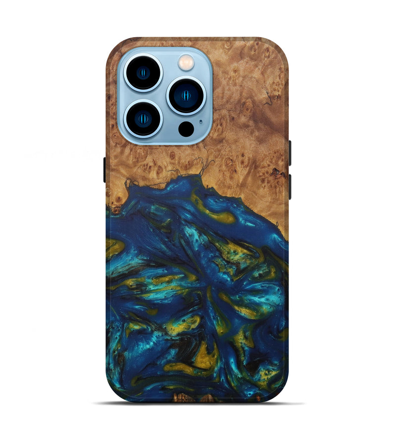 iPhone 14 Pro Wood+Resin Live Edge Phone Case - Ilona (Teal & Gold, 585561)