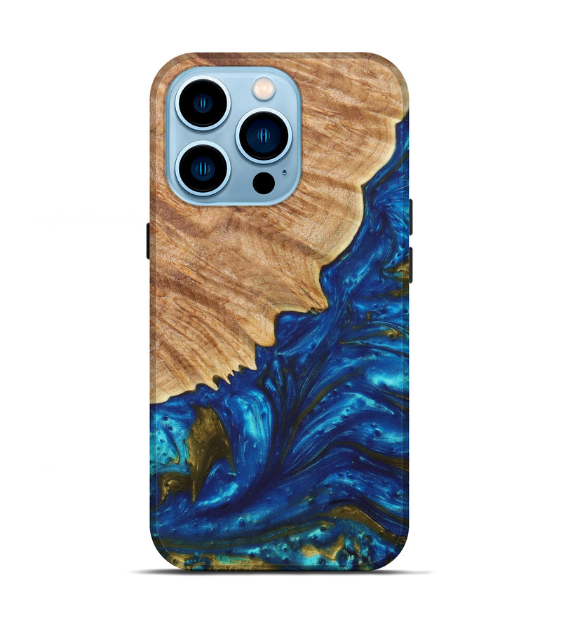 iPhone 14 Pro Wood+Resin Live Edge Phone Case - Keith (Teal & Gold, 621684)
