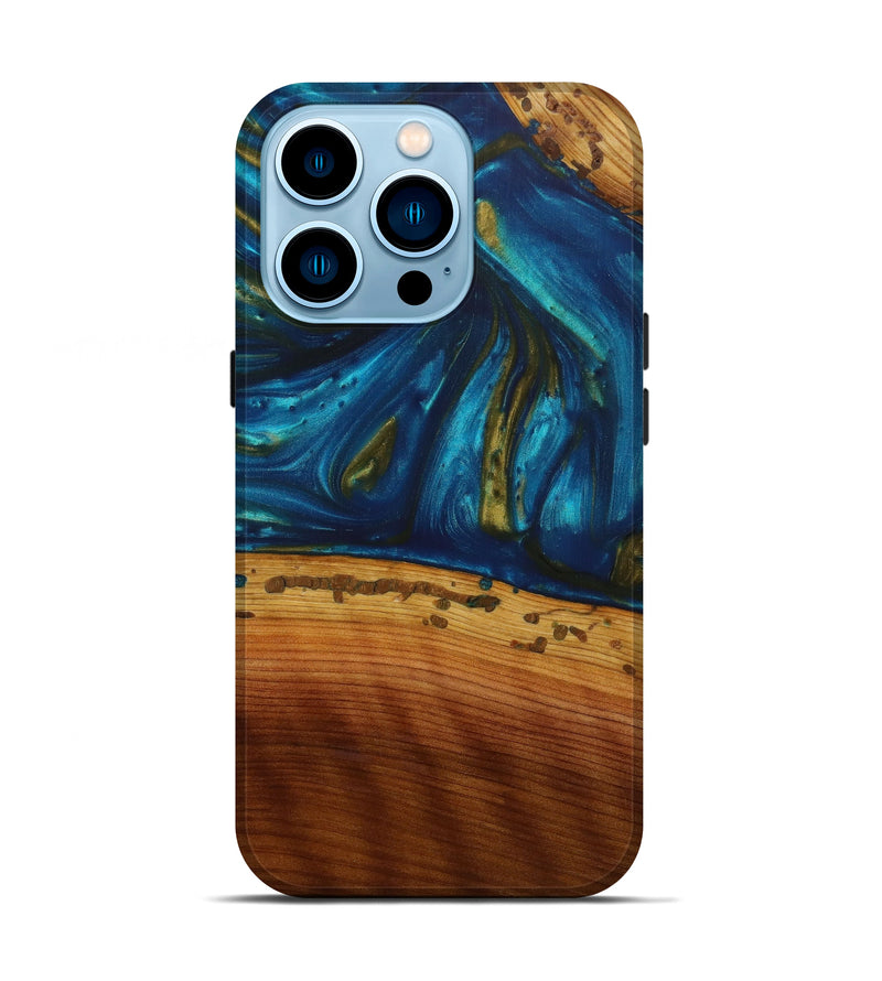 iPhone 14 Pro Wood+Resin Live Edge Phone Case - Braylen (Teal & Gold, 643196)