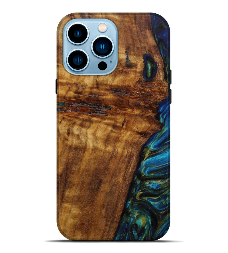 iPhone 14 Pro Max Wood+Resin Live Edge Phone Case - Aviana (Teal & Gold, 644312)