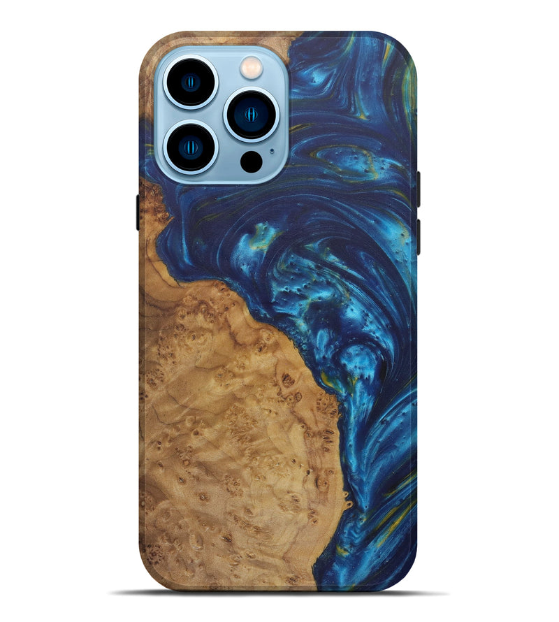 iPhone 14 Pro Max Wood+Resin Live Edge Phone Case - Berry (Teal & Gold, 592338)