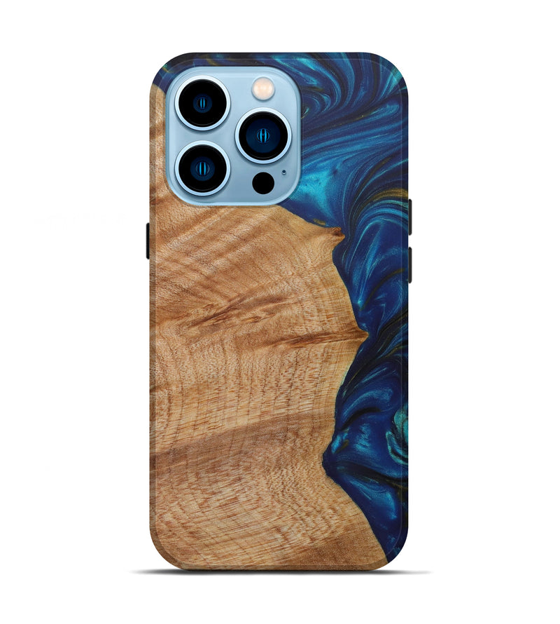iPhone 14 Pro Wood+Resin Live Edge Phone Case - Sophia (Teal & Gold, 620143)