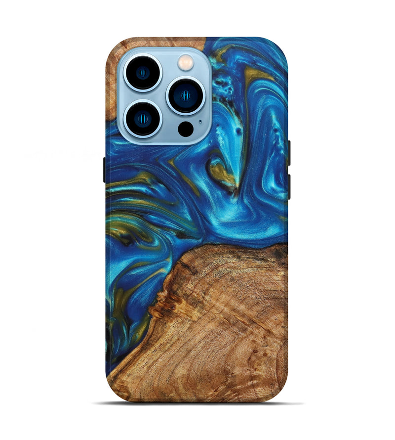 iPhone 14 Pro Wood+Resin Live Edge Phone Case - Kathryn (Teal & Gold, 638154)
