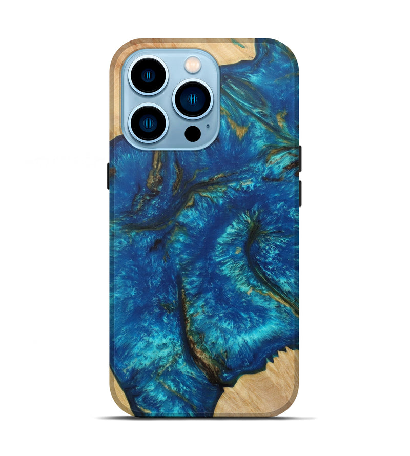 iPhone 14 Pro Wood+Resin Live Edge Phone Case - Fima (Teal & Gold, 590678)