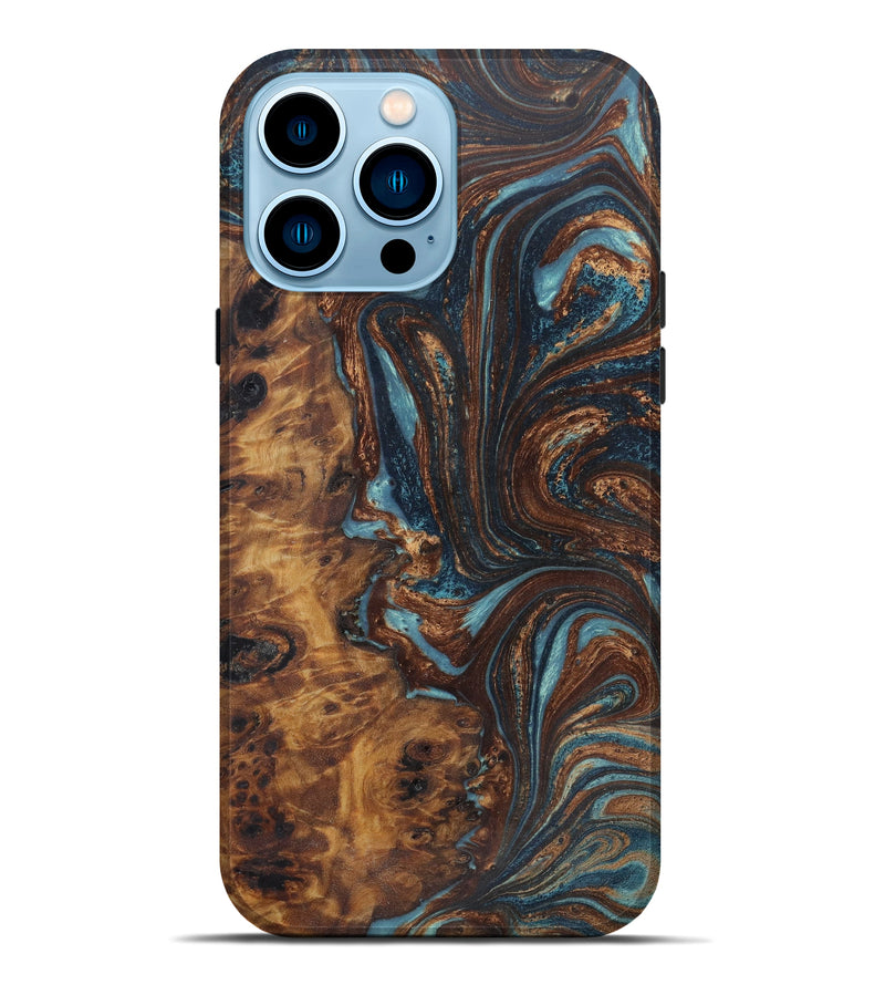 iPhone 14 Pro Max Wood+Resin Live Edge Phone Case - Scarlett (Teal & Gold, 645651)