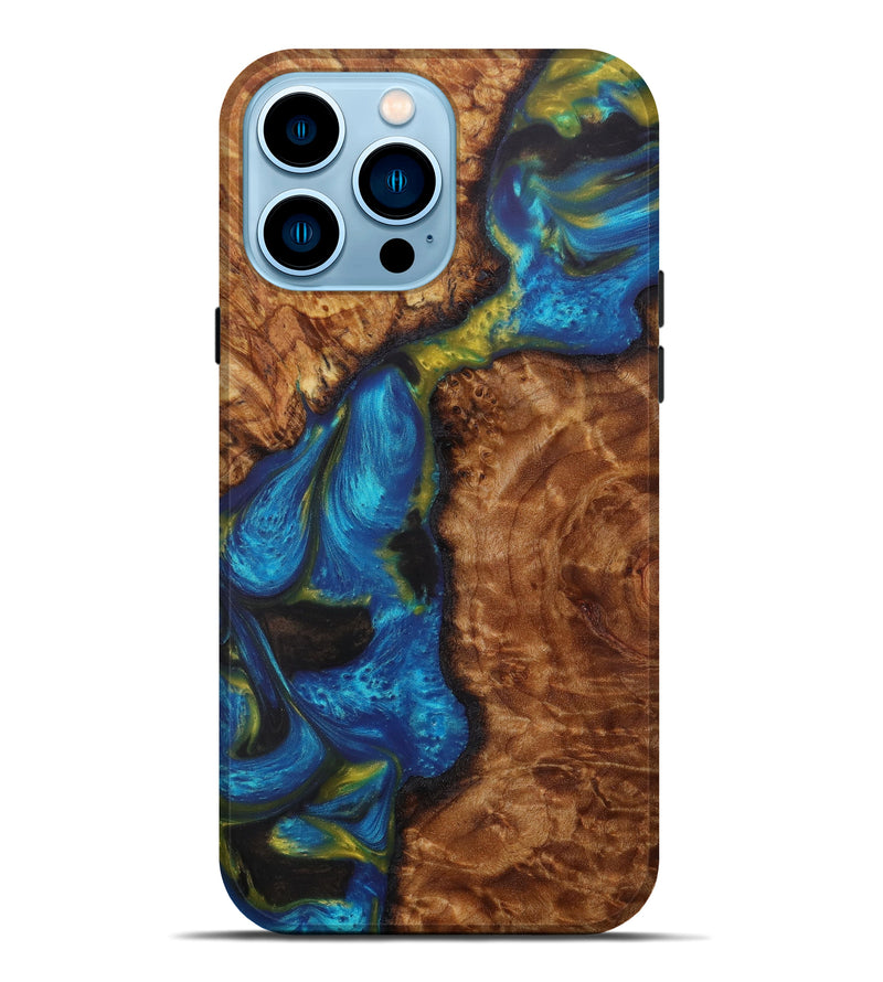 iPhone 14 Pro Max Wood+Resin Live Edge Phone Case - Jamiyah (Teal & Gold, 609963)