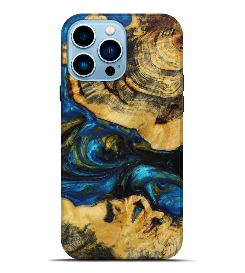 iPhone 14 Pro Max Wood+Resin Live Edge Phone Case - Cortney (Teal & Gold, 642261)