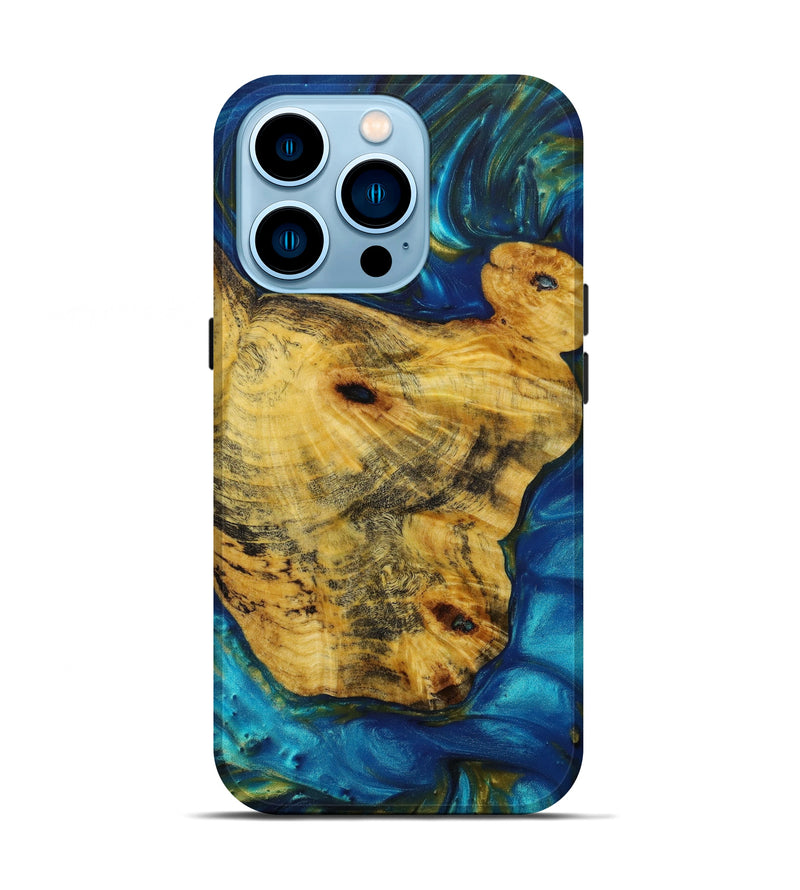 iPhone 14 Pro Wood+Resin Live Edge Phone Case - Emiliano (Teal & Gold, 641963)