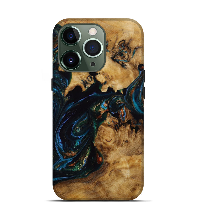iPhone 13 Pro Wood+Resin Live Edge Phone Case - Devon (Teal & Gold, 646519)