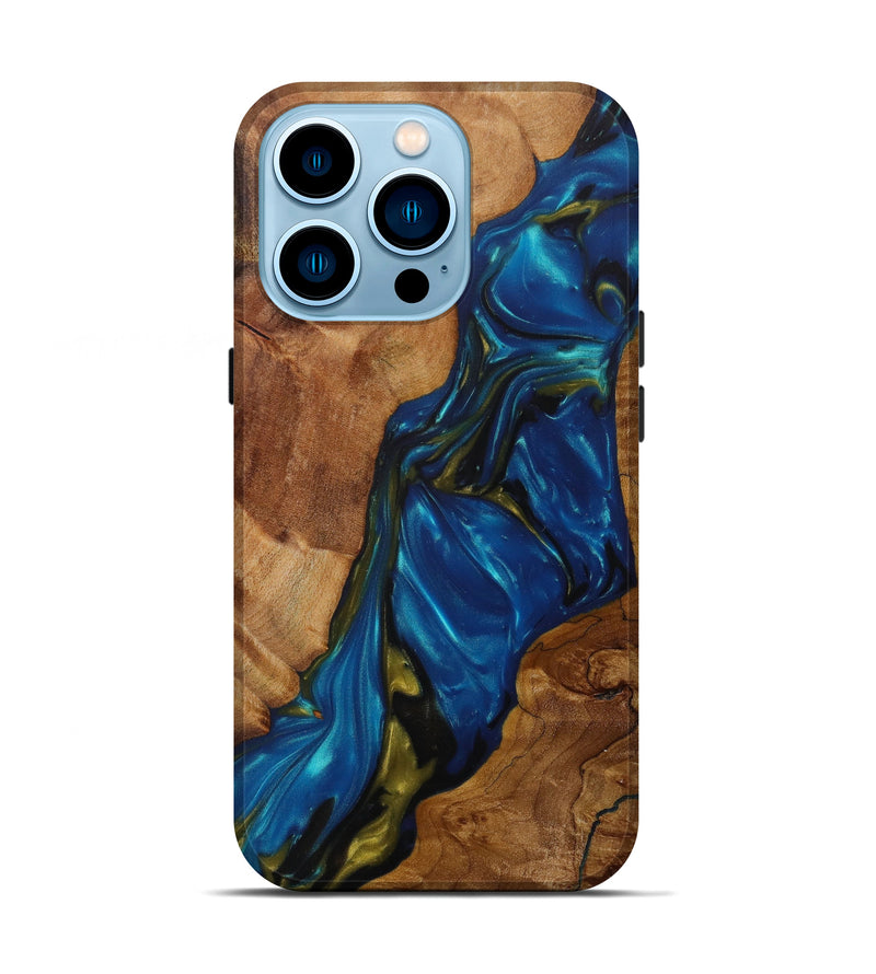 iPhone 14 Pro Wood+Resin Live Edge Phone Case - Shaniece (Teal & Gold, 619539)