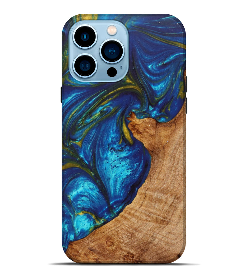 iPhone 14 Pro Max Wood+Resin Live Edge Phone Case - Charlee (Teal & Gold, 625526)