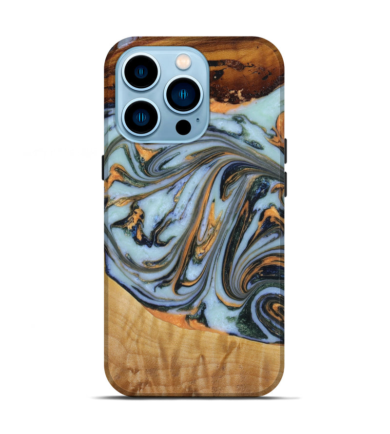 iPhone 14 Pro Wood+Resin Live Edge Phone Case - Benny (Teal & Gold, 645544)